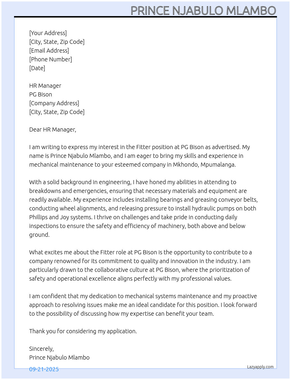 Fitter  At PG Bison Cover Letter