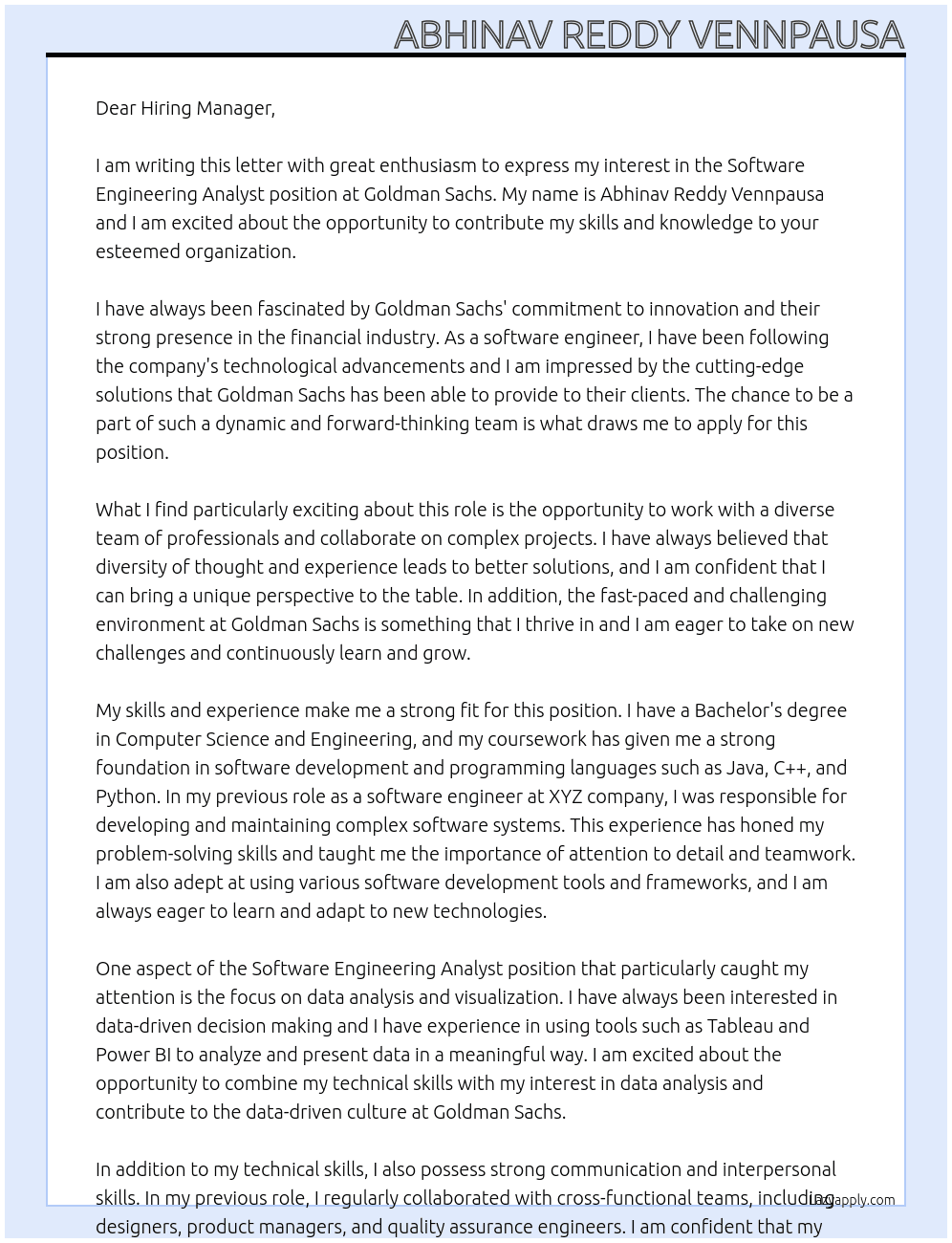 Cover letter for software engineering analyst - LazyApply