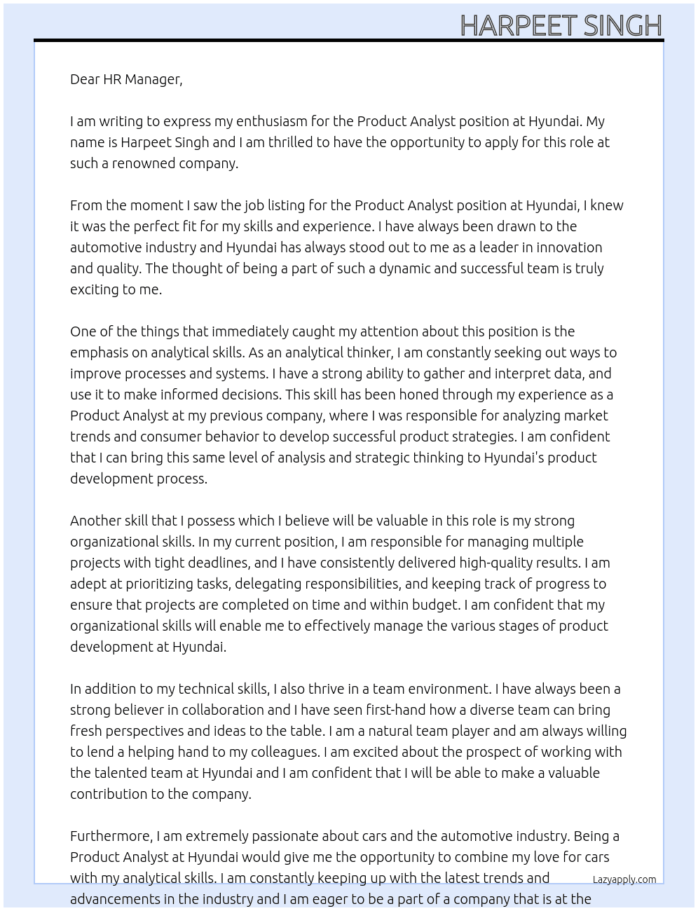 Product Analyst At Hyundai Cover Letter