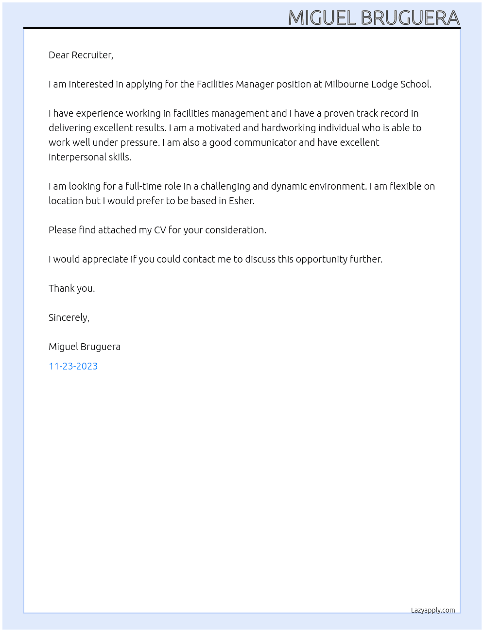 Facilities Manager At Milbourne Lodge School Cover Letter