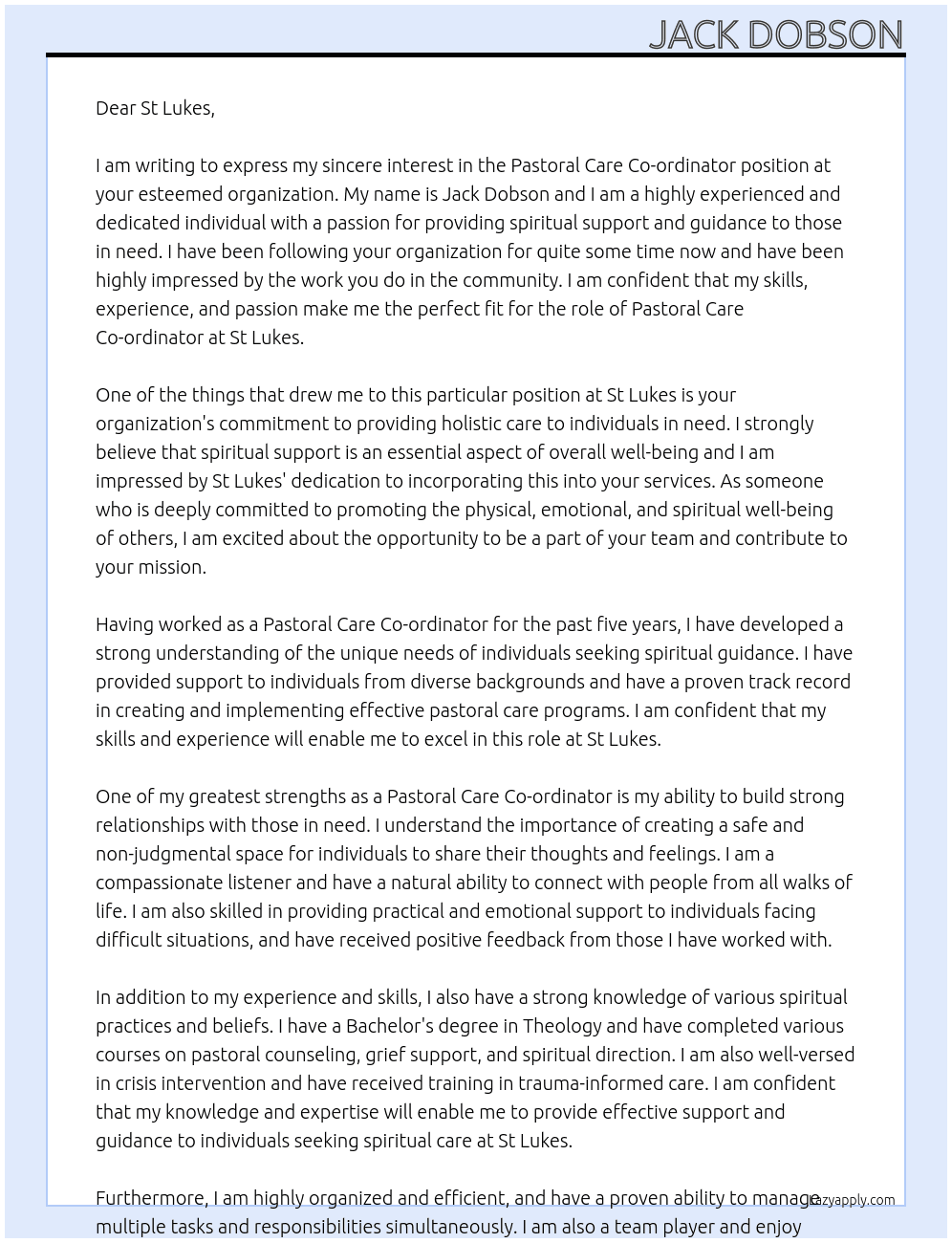 Pastoral Care Co-ordinator  At St Lukes Cover Letter