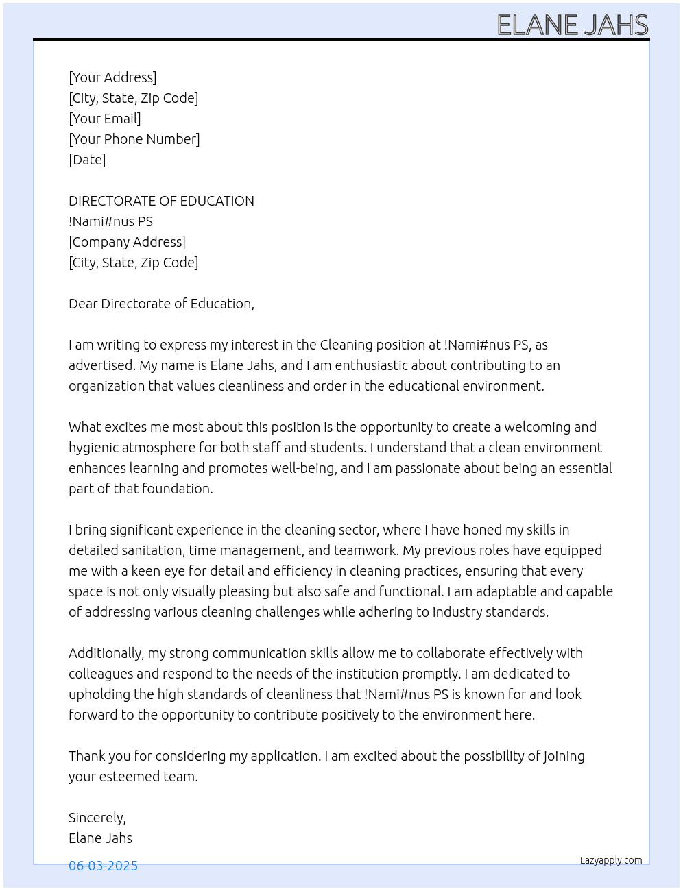 Cleaning At !Nami#nus PS Cover Letter