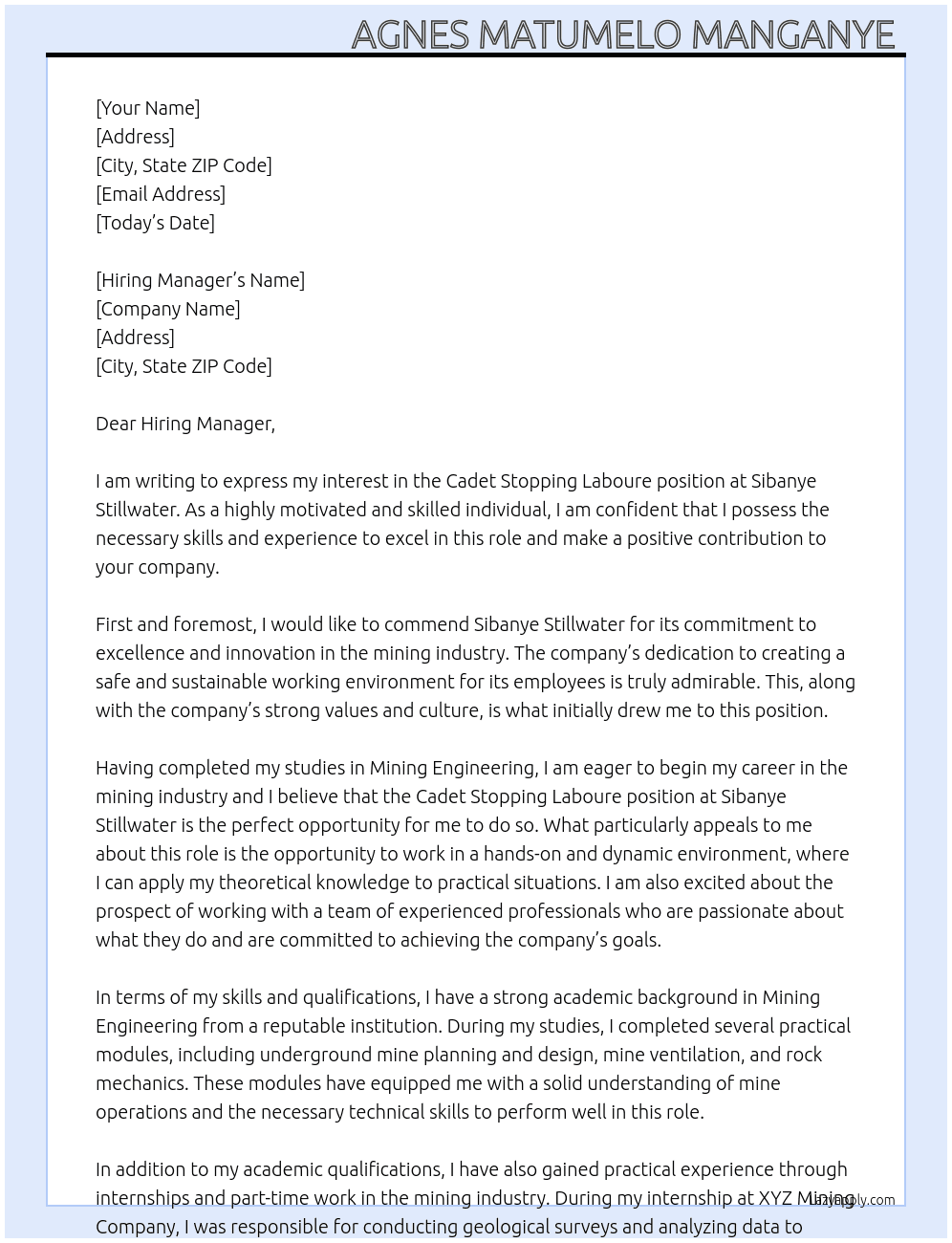 Cover letter for cadet stopping laboure - LazyApply