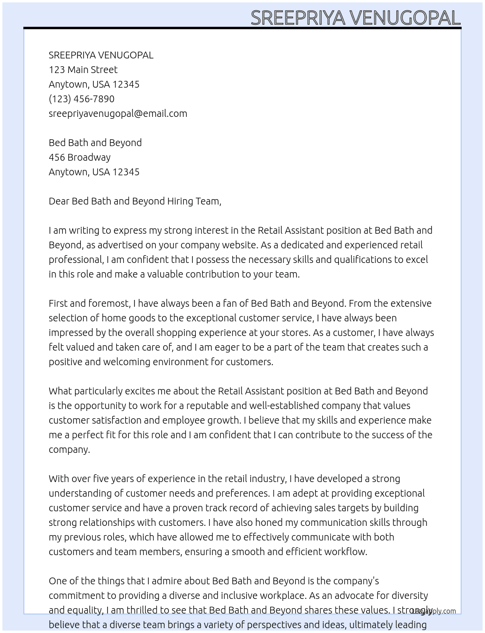Retail Assistant At Bed Bath and Beyond  Cover Letter