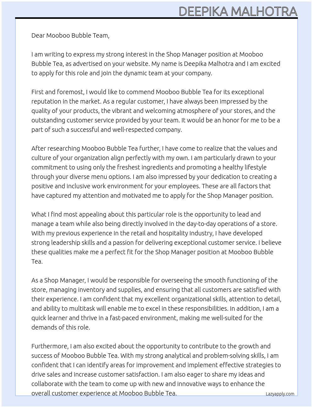 Shop Manager At Mooboo Bubble Tea Cover Letter