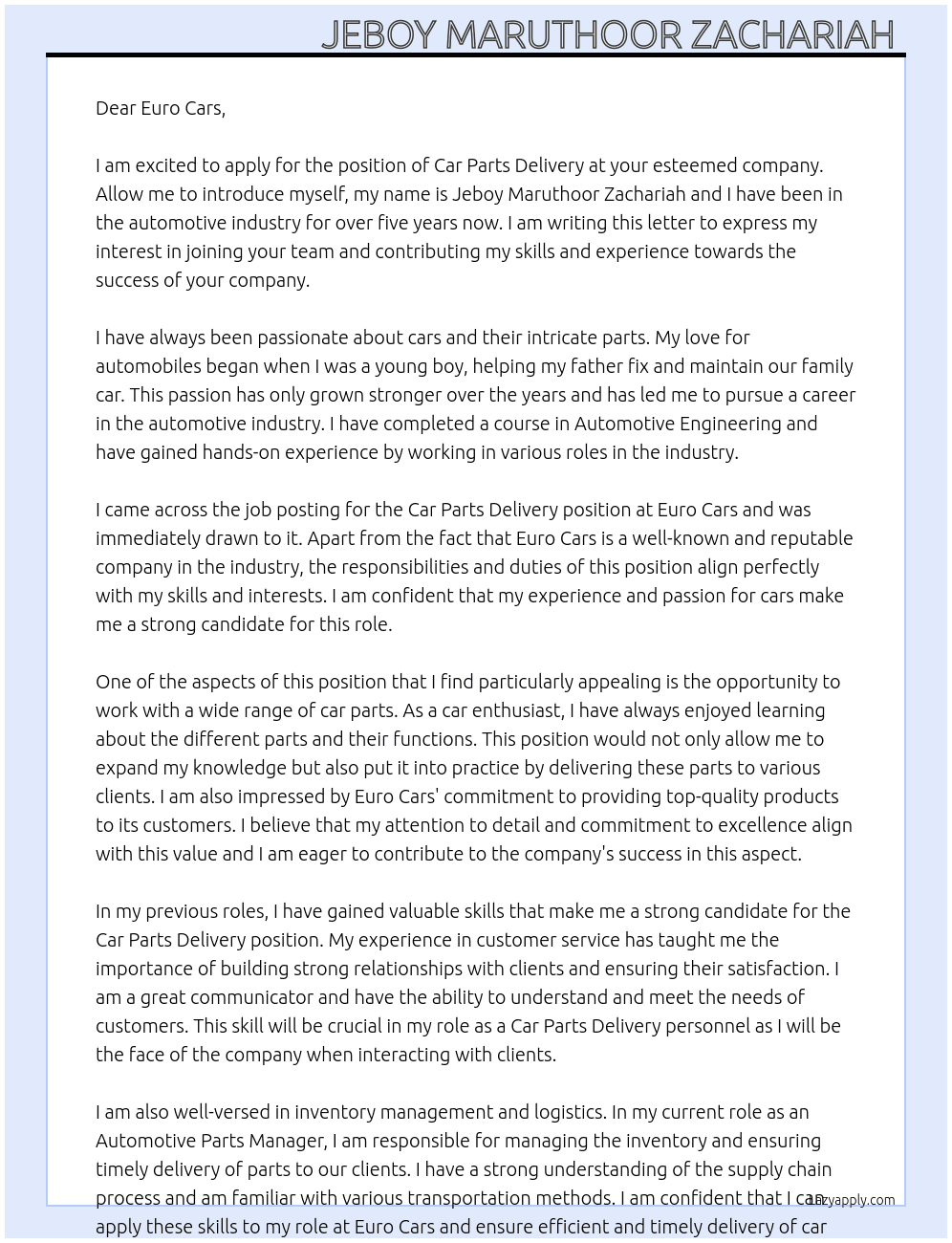 Car Parts delivery  At Euro Cars Cover Letter