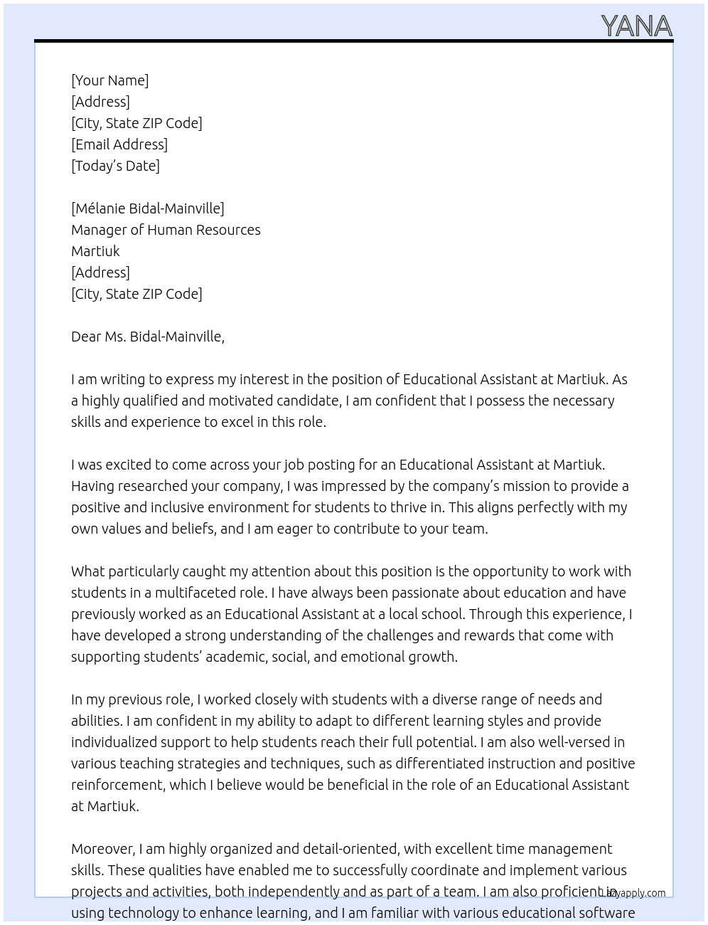 EDUCATIONAL ASSISTANT At Martiuk Cover Letter
