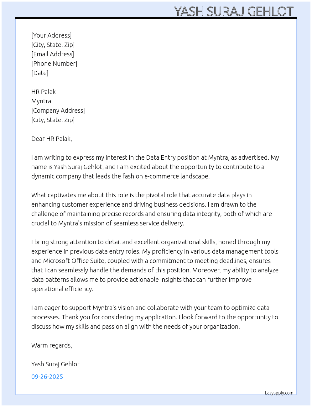 Data entry  At Myntra  Cover Letter