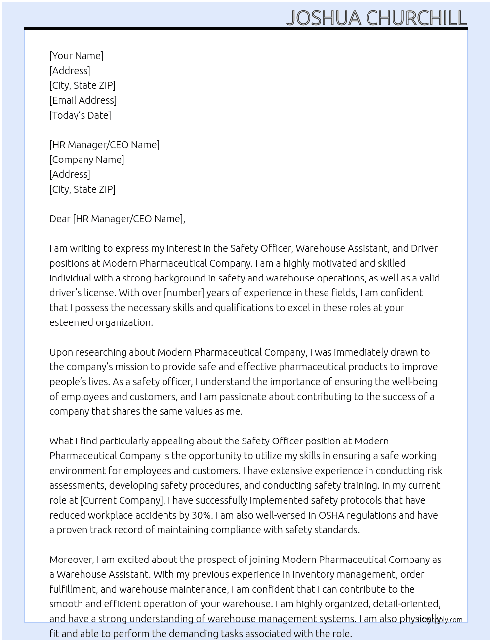 Safety Officer,Warehouse Assistant,Driver  At Modern Pharmaceutical Company  Cover Letter