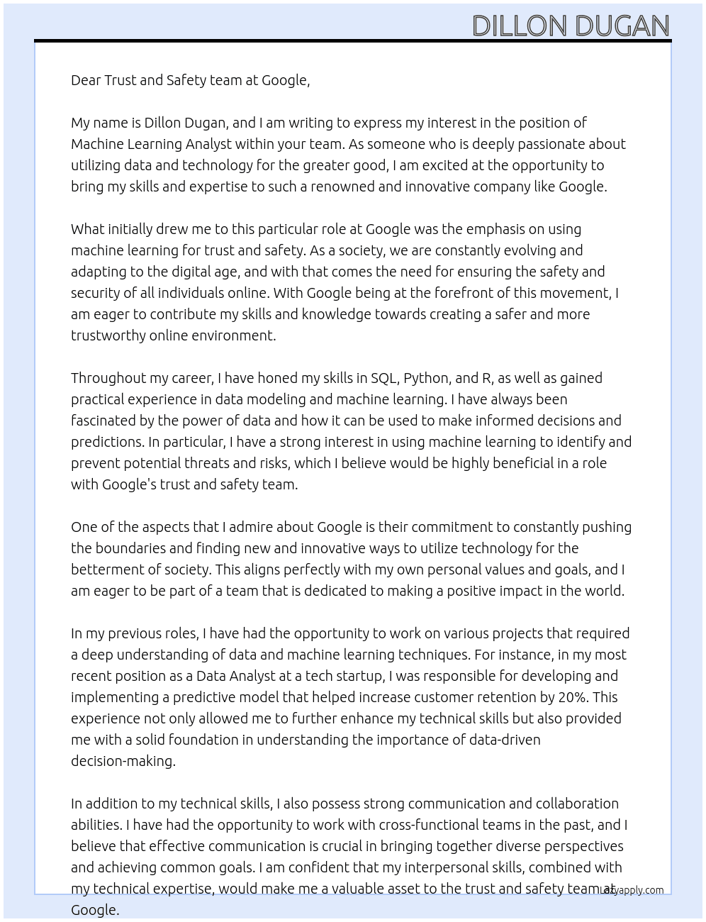 Cover letter for machine learning analyst - LazyApply