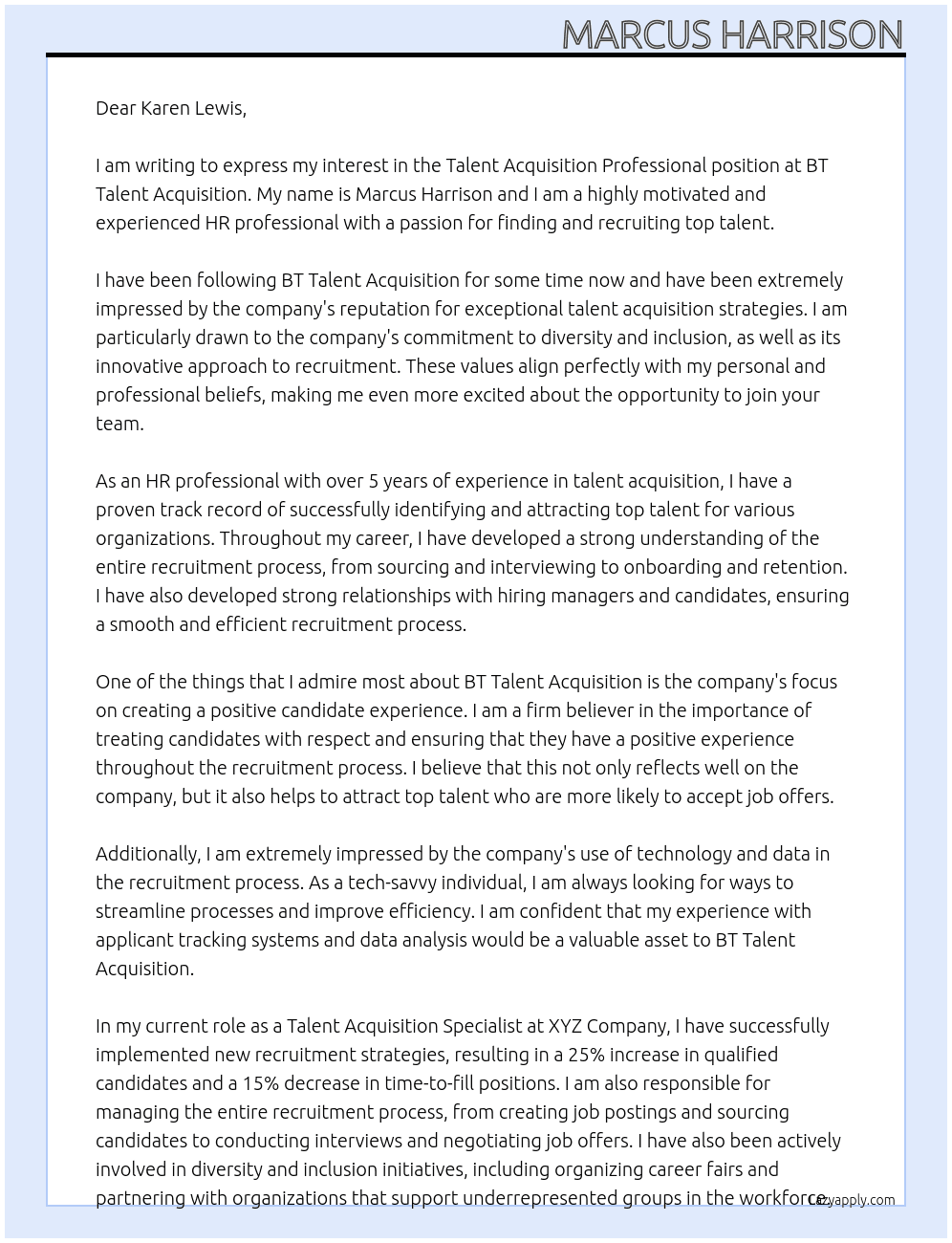 Talent Acquisition Professional At BT Talent Acquisition Cover Letter