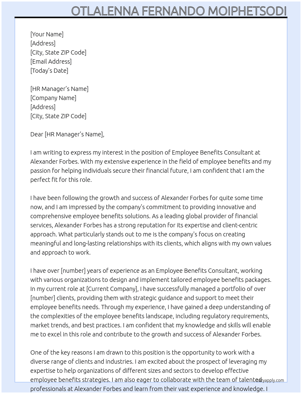 Employee benefits Consultant At Alexander Forbes Cover Letter