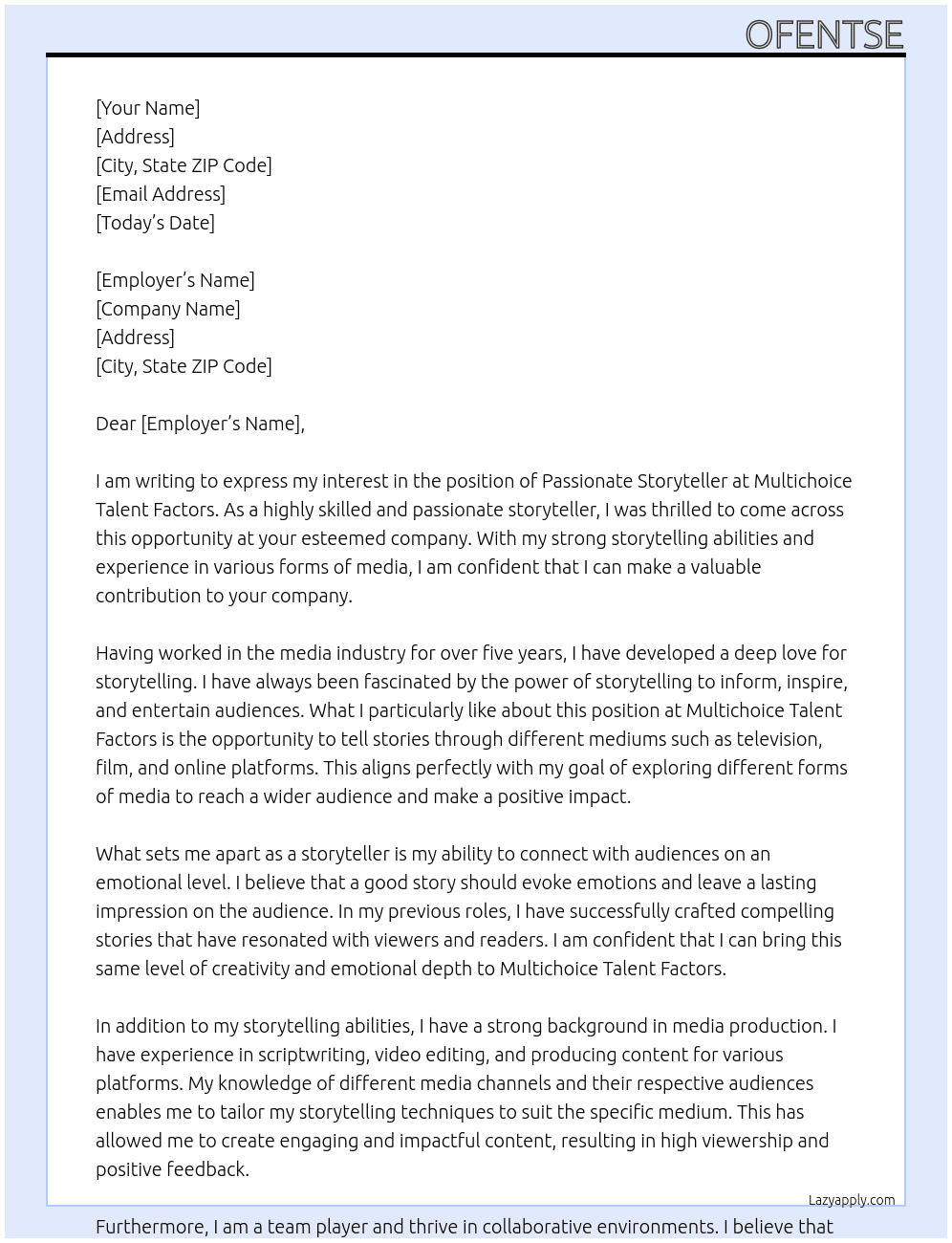 Cover letter for passionate storyteller - LazyApply