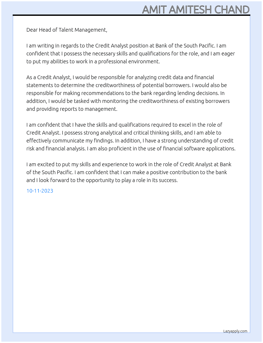 Credit Analyst  At Bank of the South Pacific Cover Letter