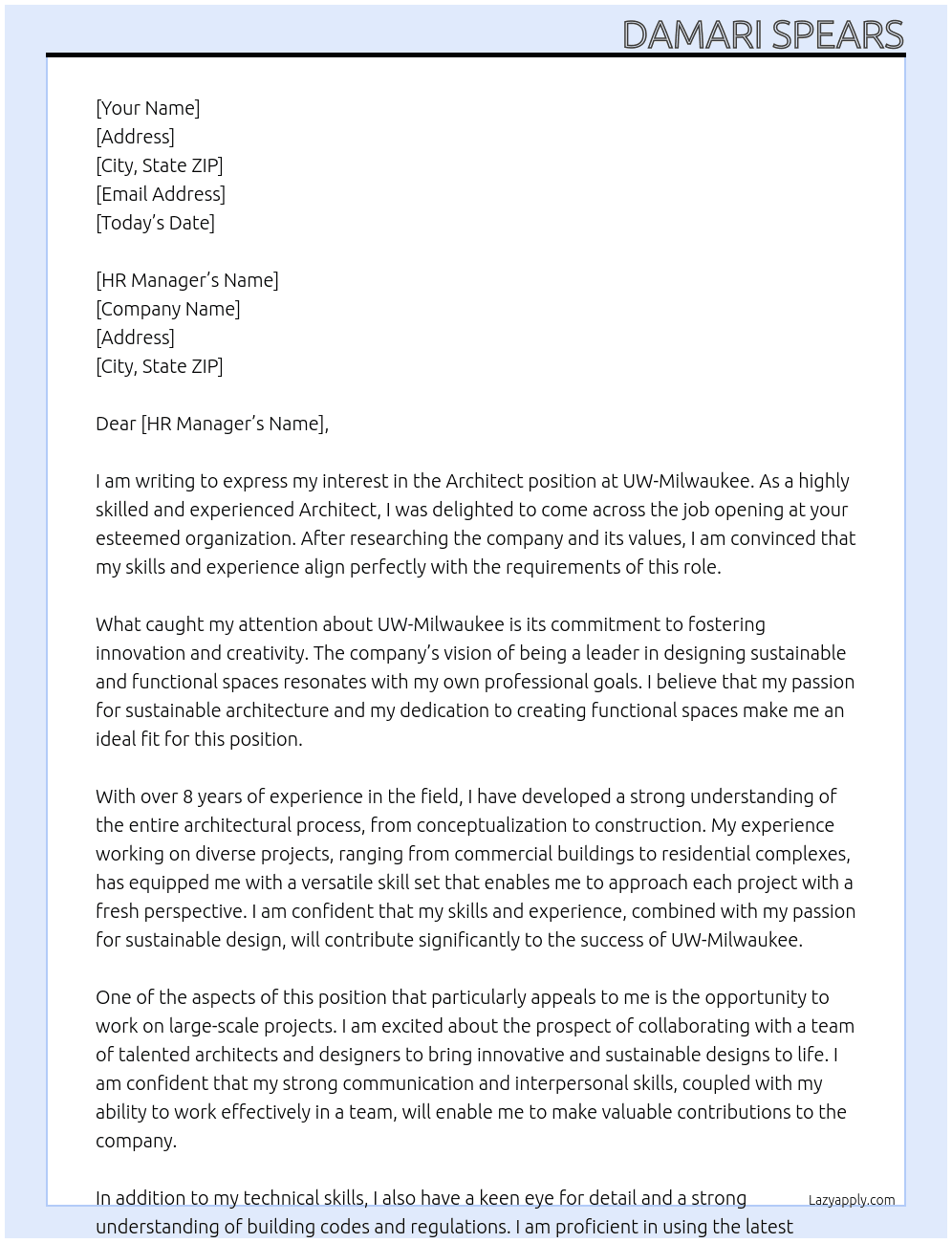 Architect At UW- Milwuakee Cover Letter