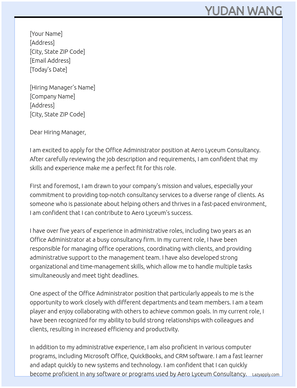 Office Administrator At Aero Lyceum Consultancy Cover Letter
