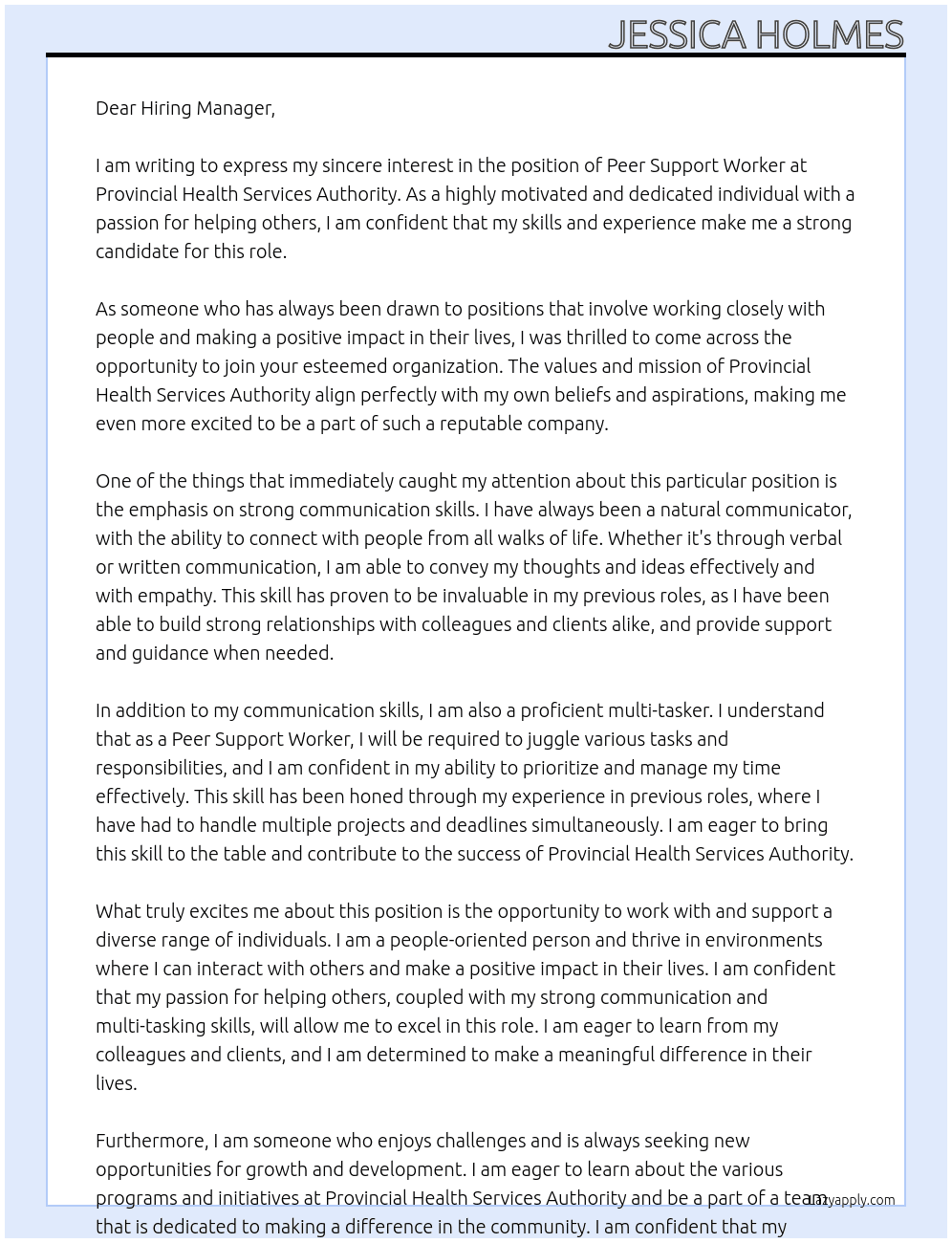 Peer Support Worker At Provincial Health Services Authority Cover Letter