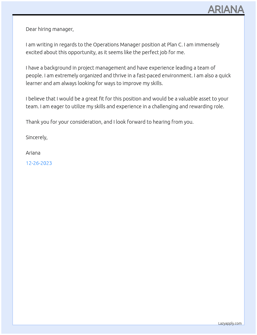 Operations Manager At Plan C Cover Letter