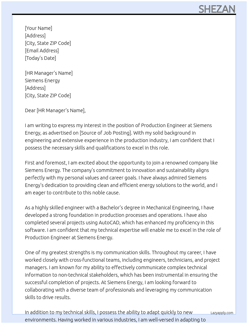 Production Engineer At Siemens Energy Cover Letter