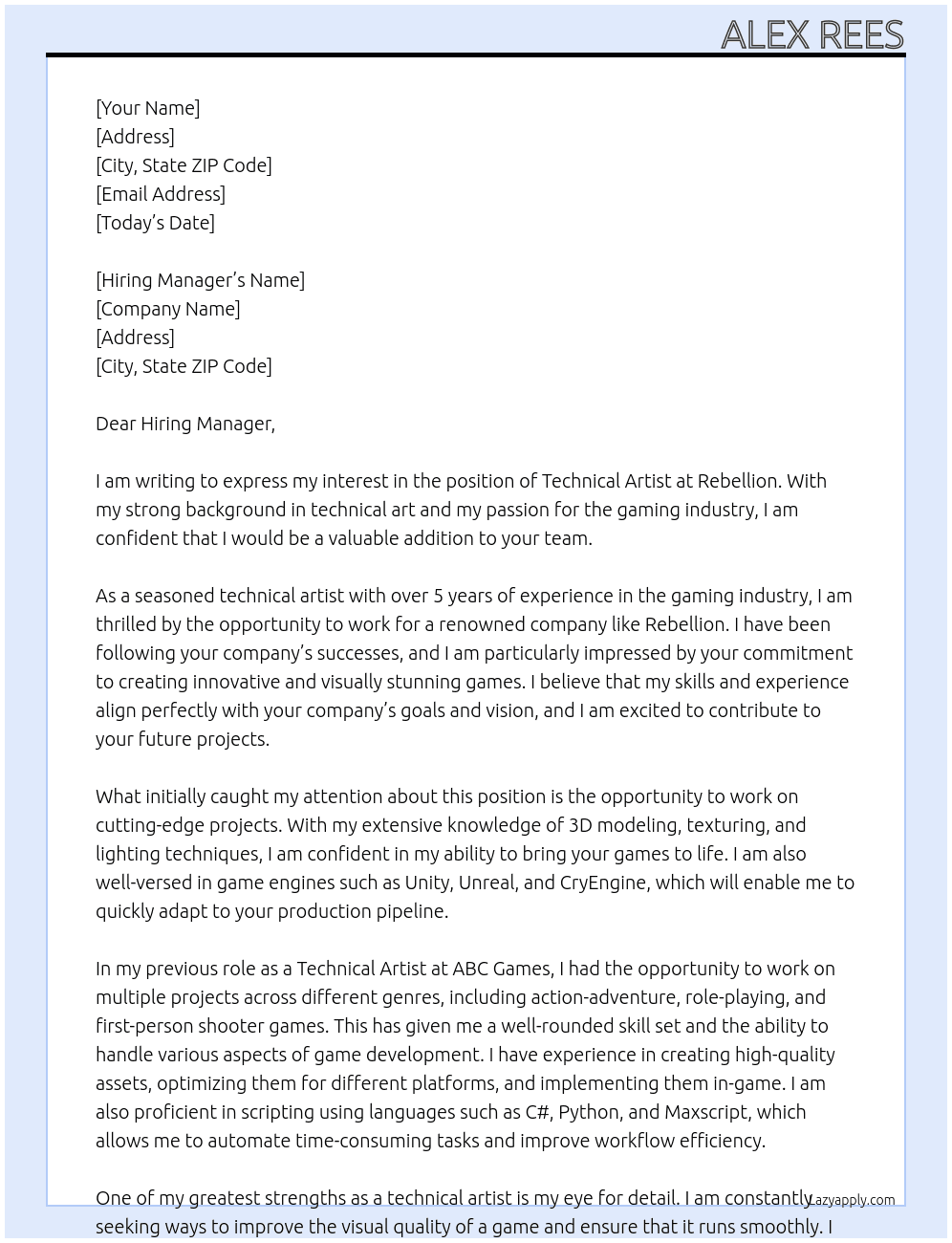 Cover letter for technical artist - LazyApply