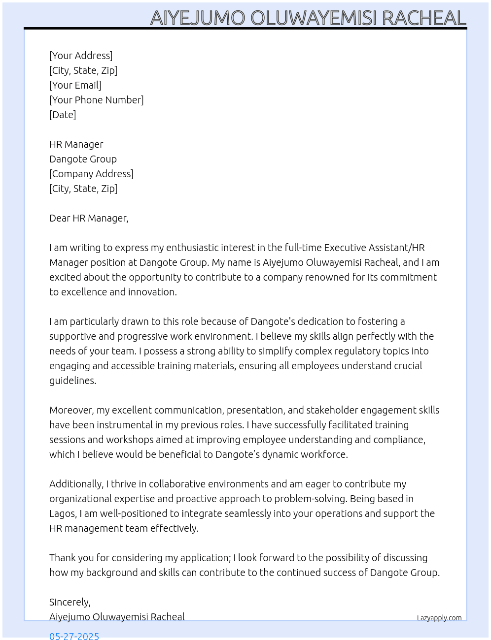 Cover letter for executive assistant/hr manager - LazyApply