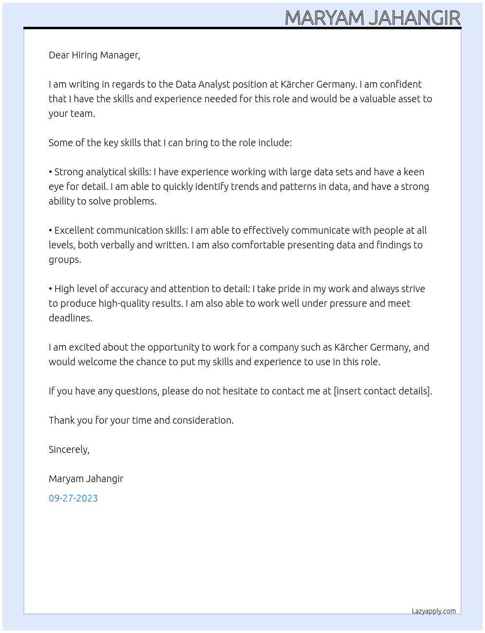 data analyst At Kärcher Germany Cover Letter