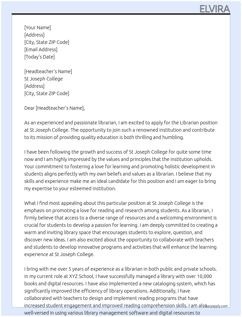 Librarian At St Joseph College Cover Letter