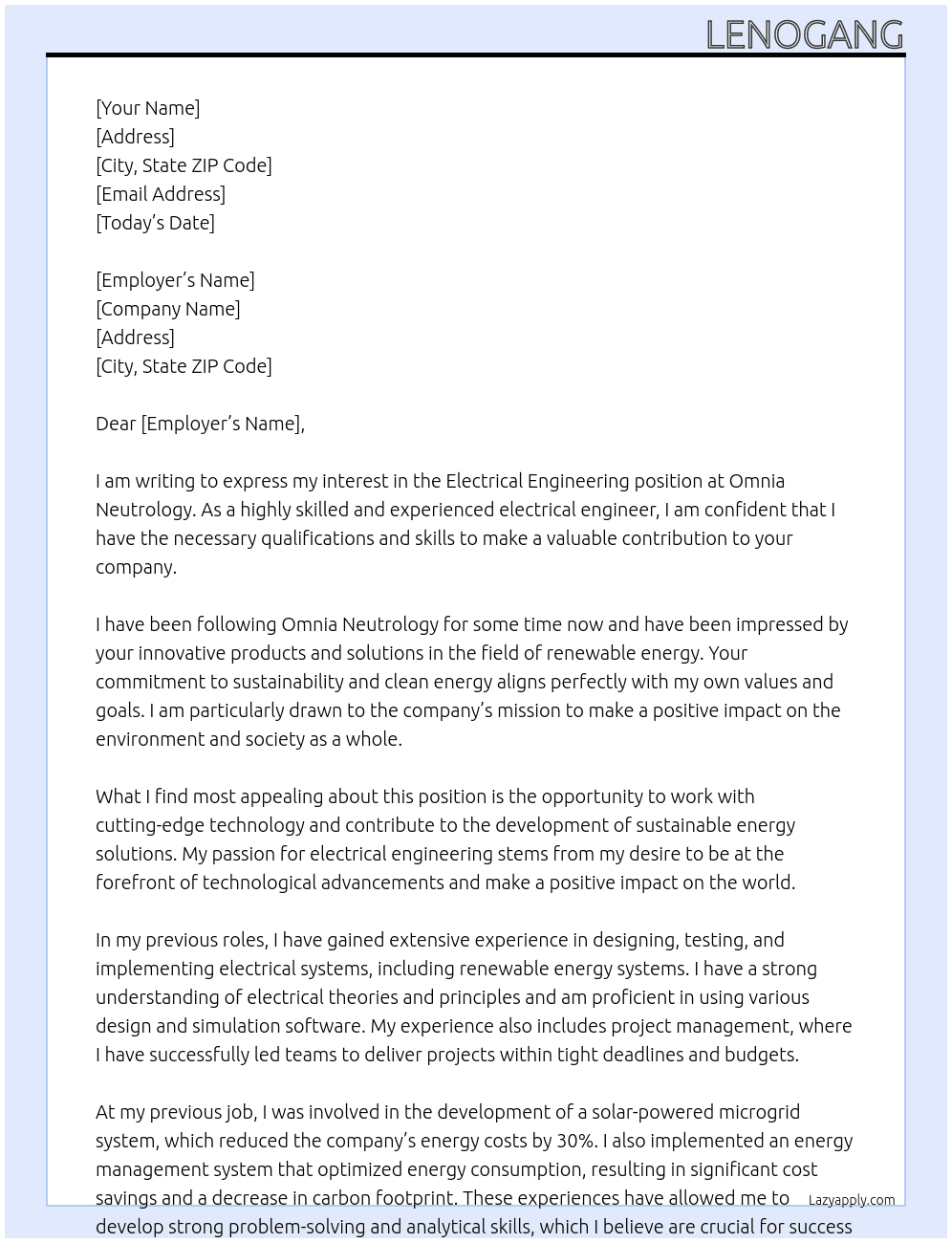 Electrical engineering  At Omnia neutrology Cover Letter
