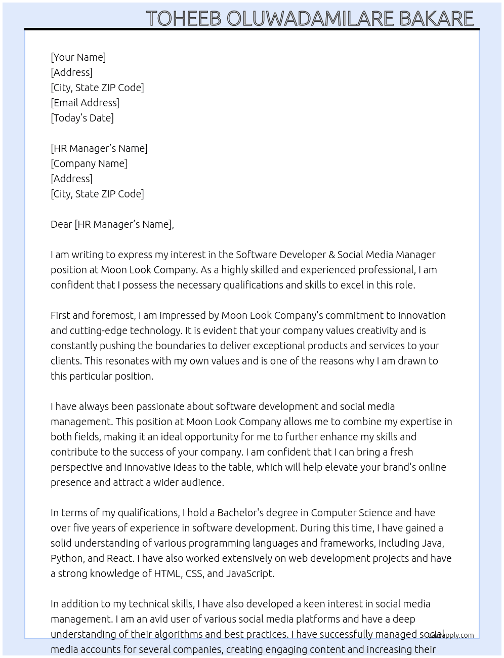 Software Developer & Social media manager  At Moon Look Company  Cover Letter