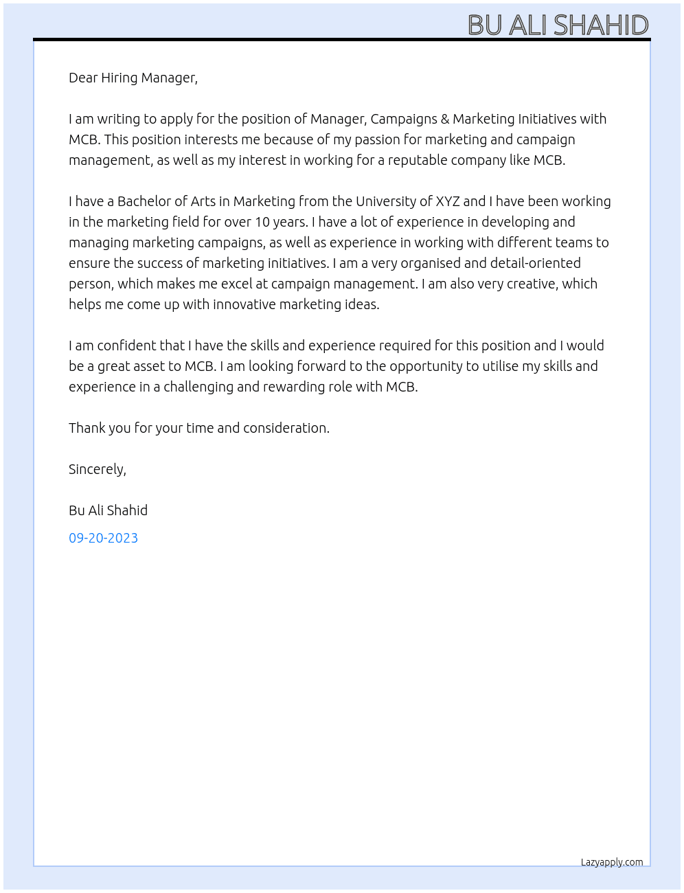 Manager Campaigns & Marketing Initiatives At MCB  Cover Letter