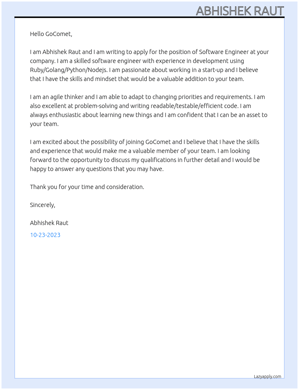 Software Engineer At GoComet Cover Letter