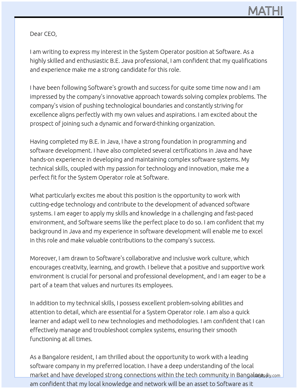 System operator  At Software  Cover Letter