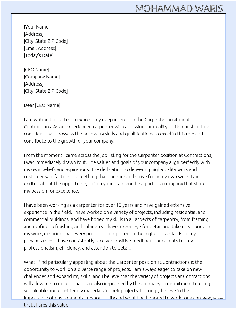 Carpentar  At Contractions  Cover Letter