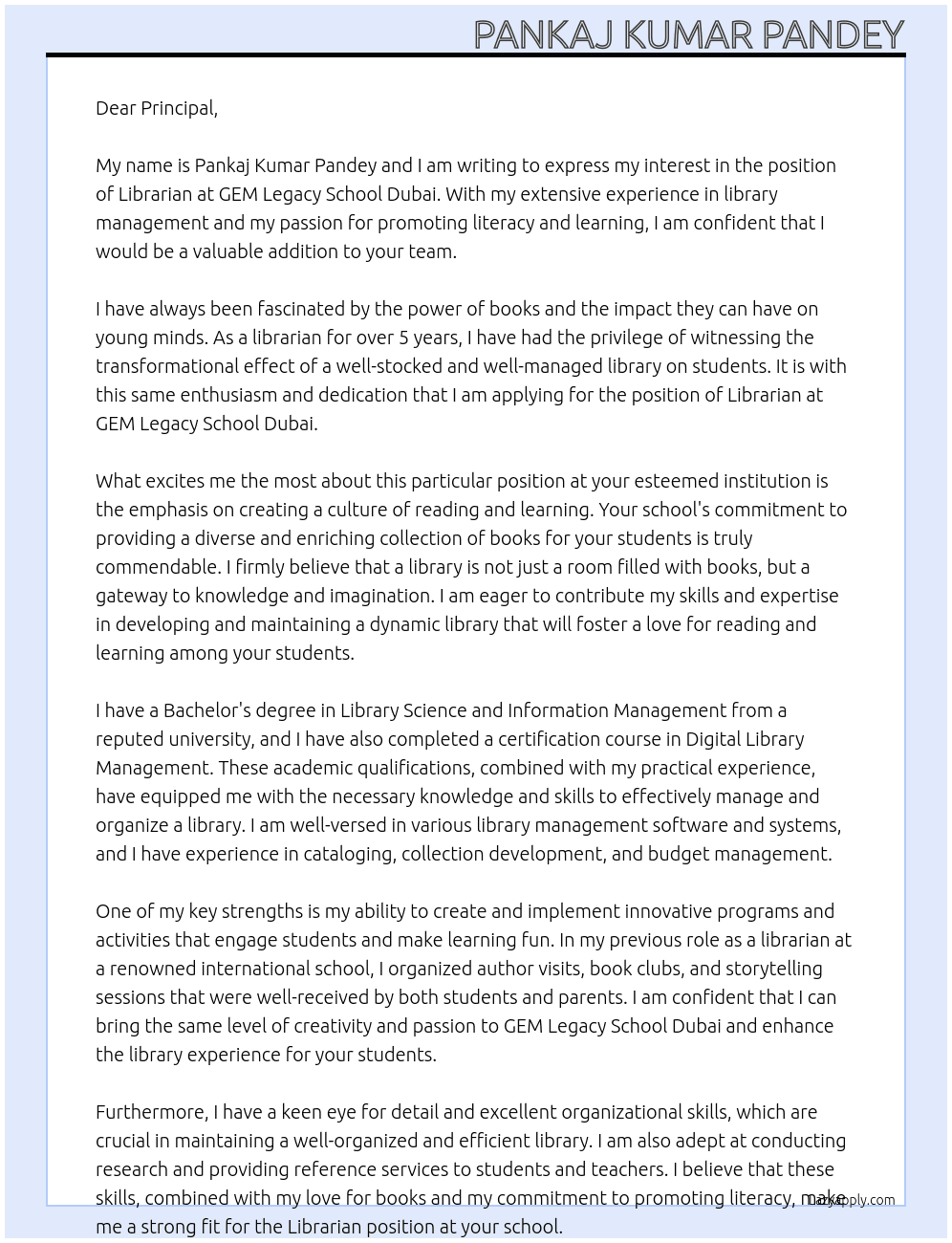 LIBRARIAN At GEM LEGENCY SCHOOL DUBAI Cover Letter