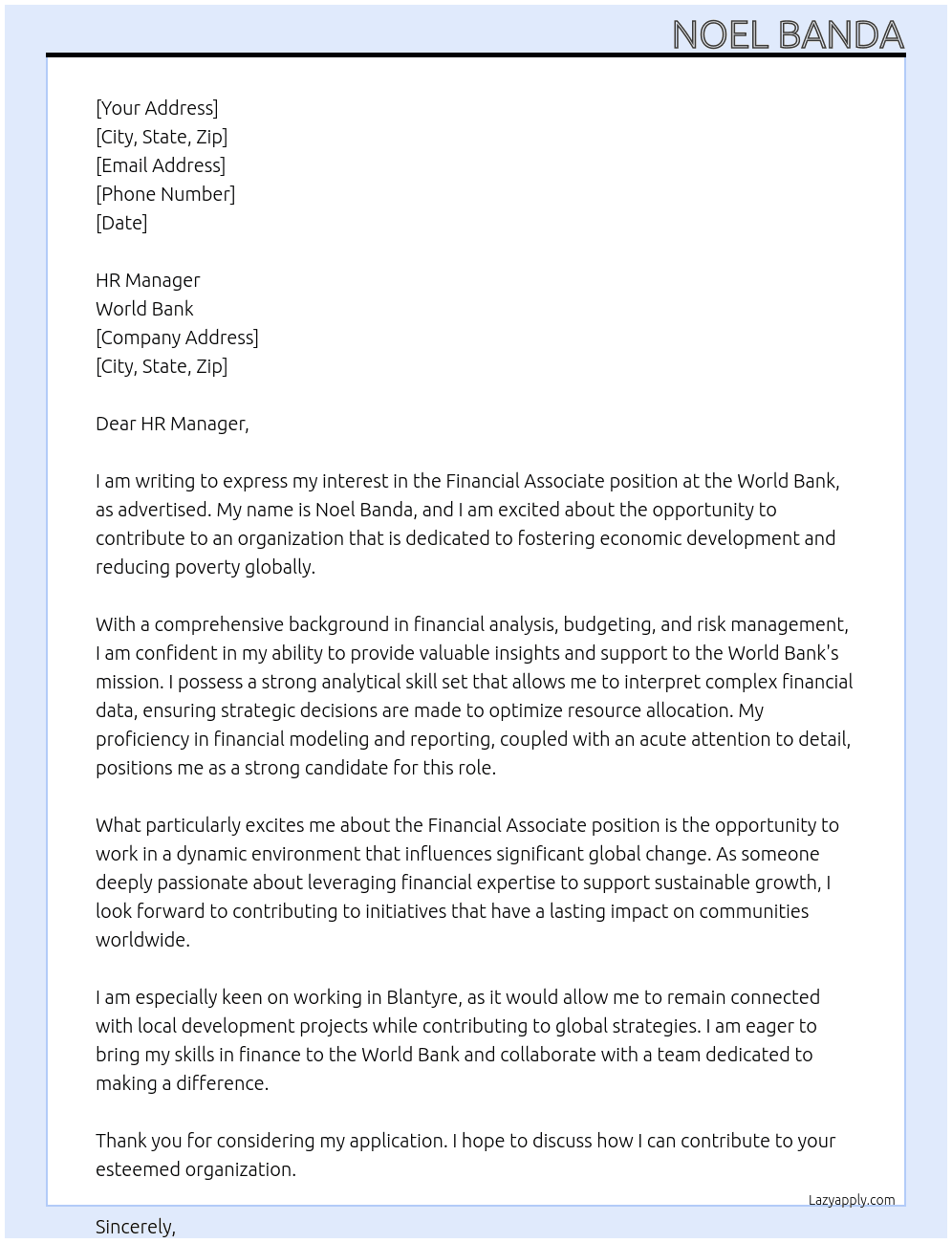 Cover letter for financial associate - LazyApply