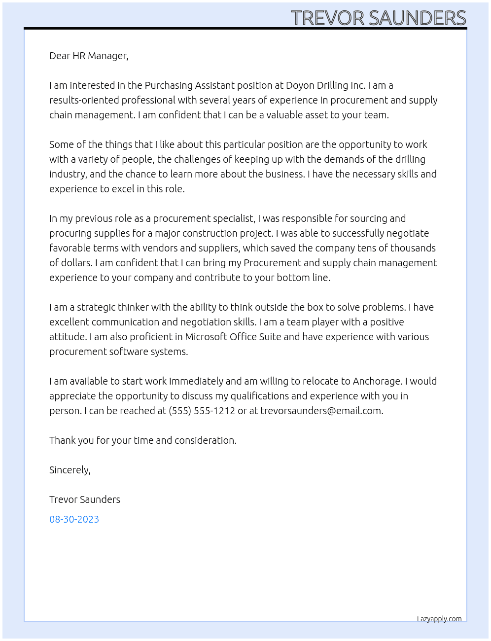 Purchasing Assistant At Doyon Drilling Inc Cover Letter