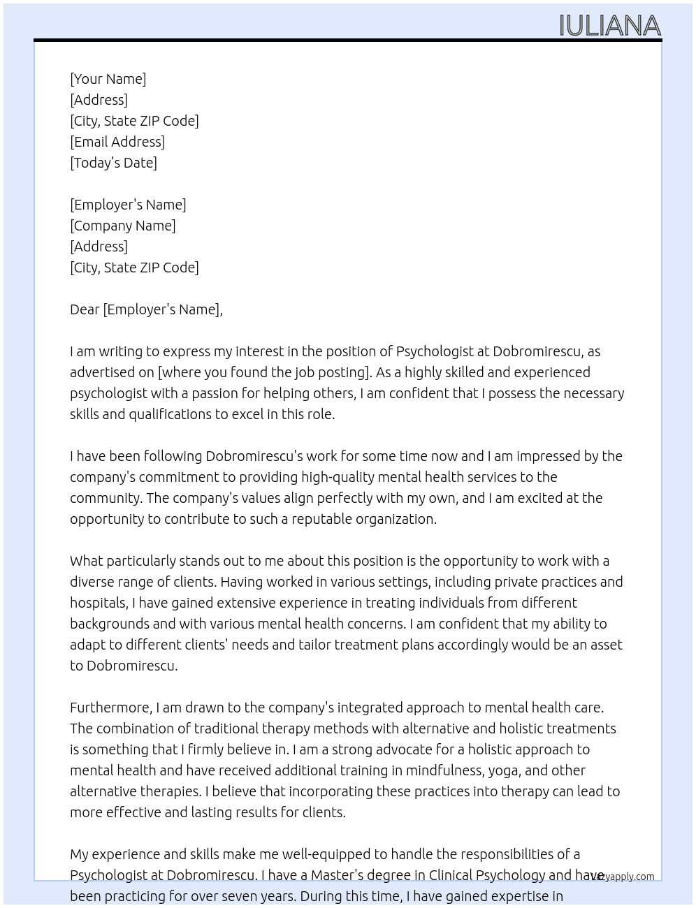 psychologist  At Dobromirescu  Cover Letter
