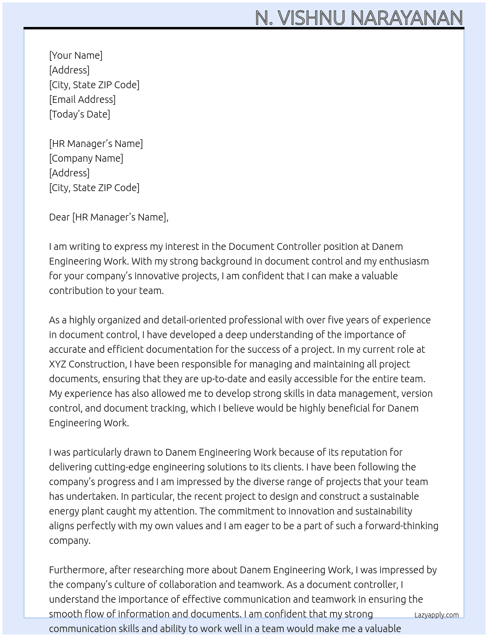 Document controller  At Danem Engineering work Cover Letter
