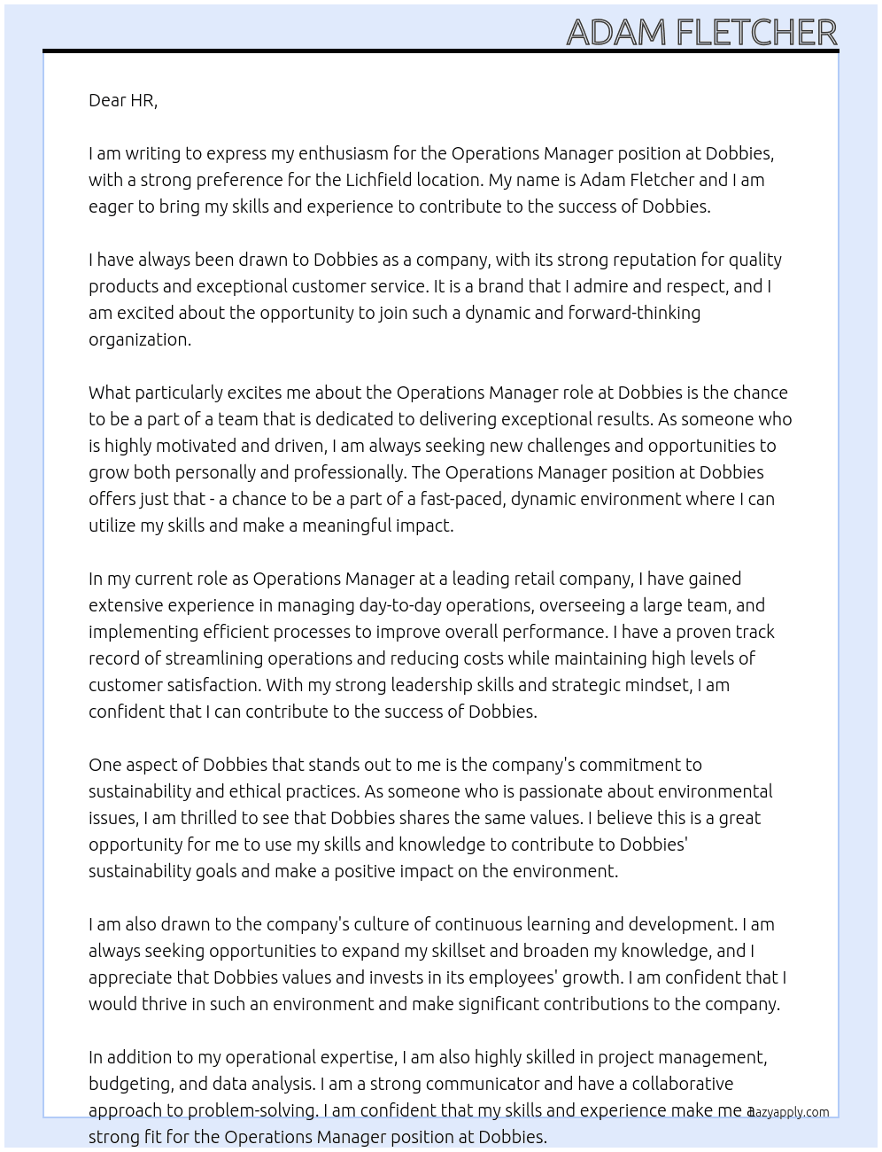 Operations Manager At Dobbies Cover Letter