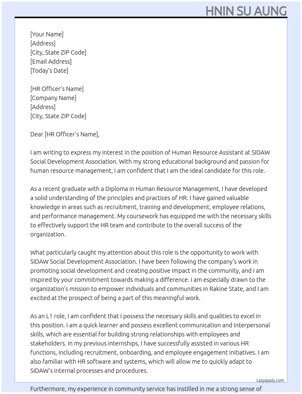 Human Resource Assistant-VA-SIDAW-HR 037/24 At SIDAW Social Development Association Cover Letter