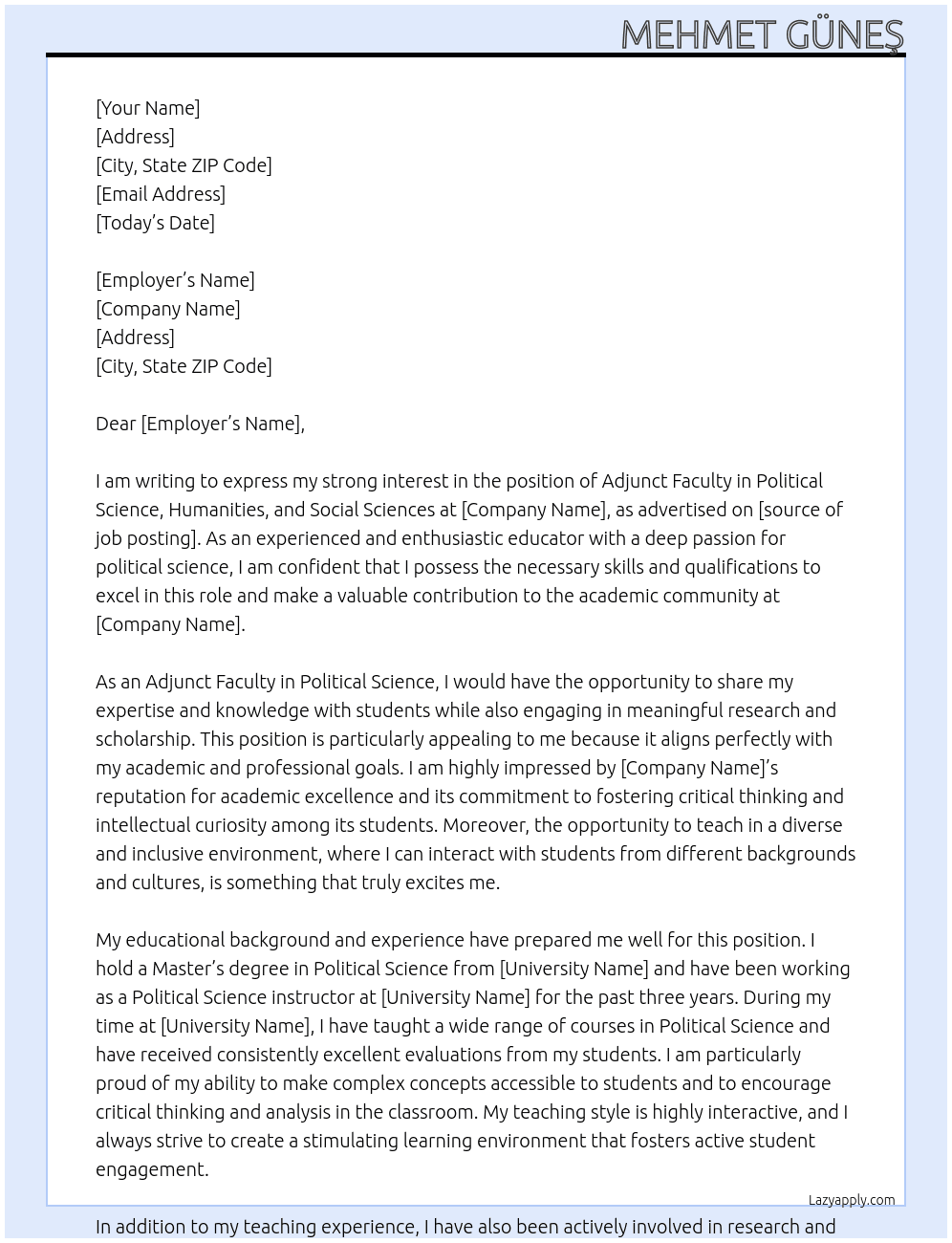 Adjunct in Political Science, Humanities and Social Sciences At Adjunct Faculty in Political Science.  Cover Letter