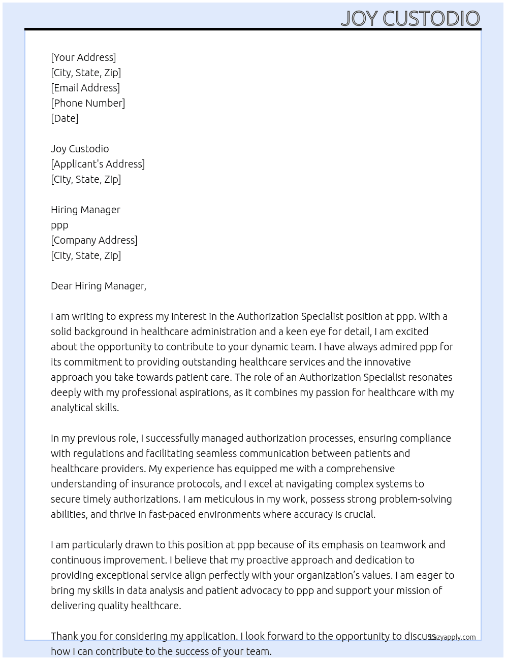 Authorization specialist At ppp Cover Letter