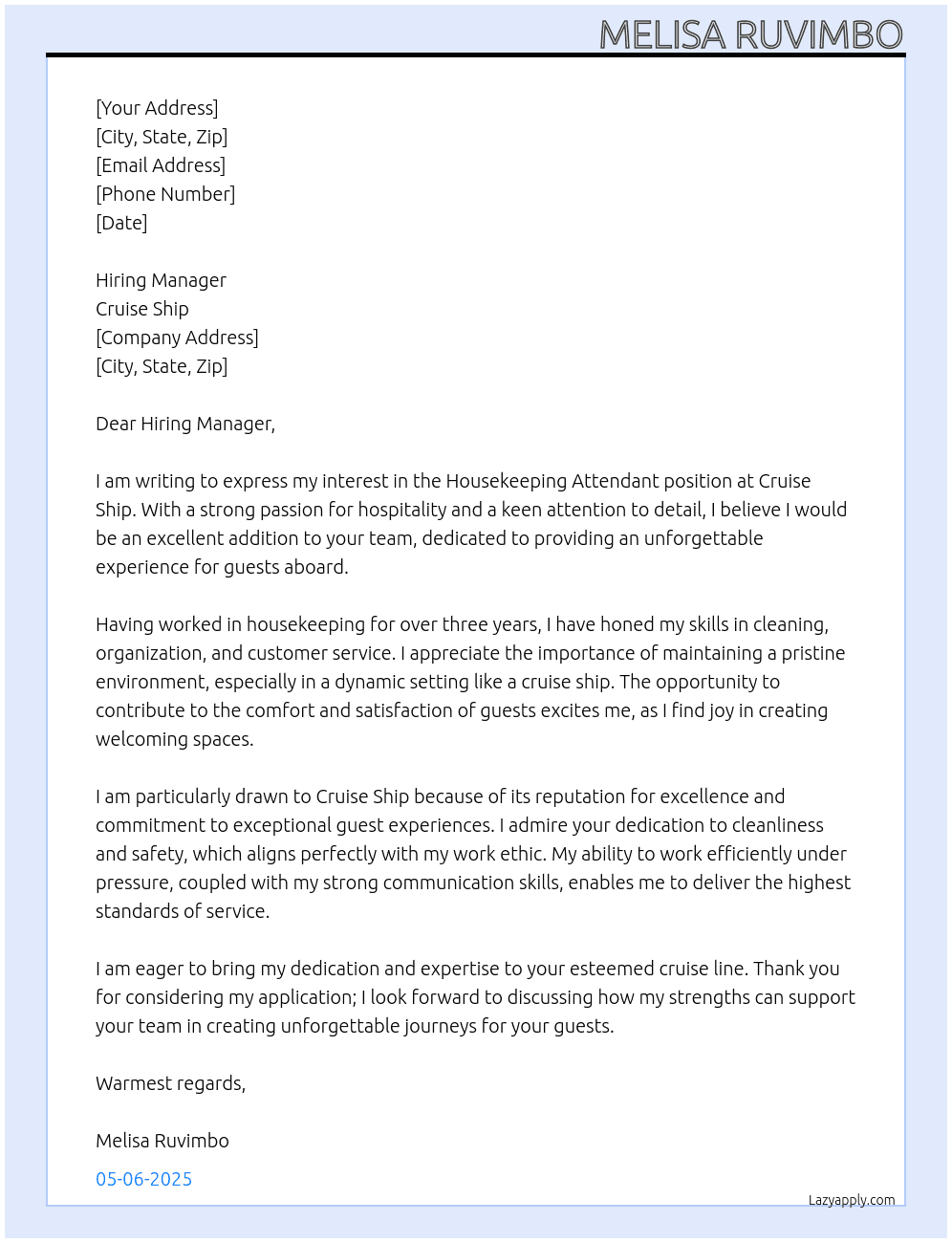 Housekeeping Attendant  At Cruise Ship Cover Letter