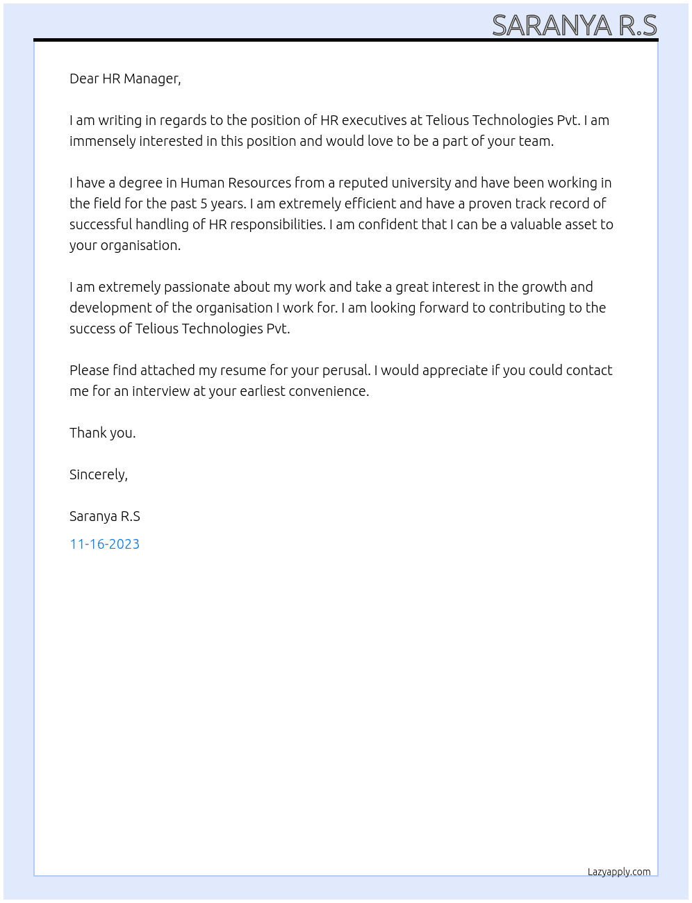 HR executives  At Telious Technologies Pvt Cover Letter