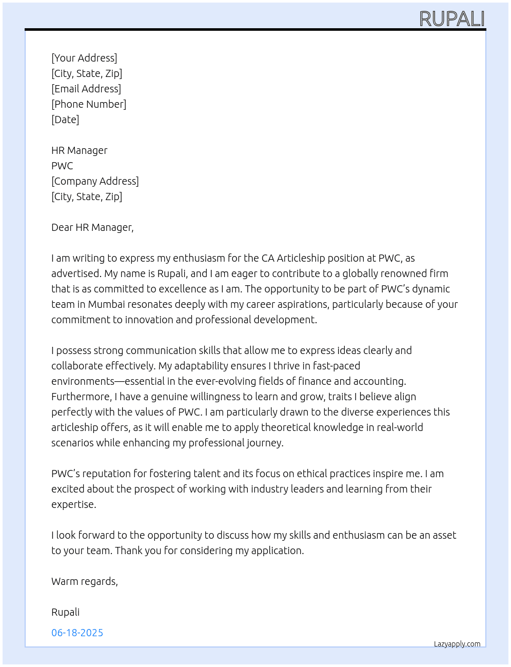 CA articleship At PWC Cover Letter
