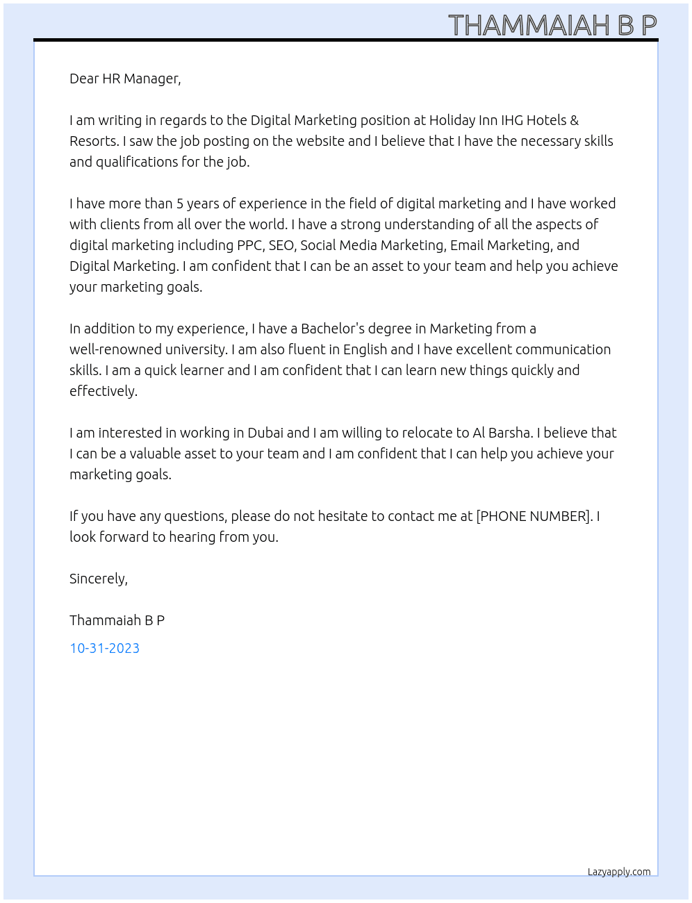 Digital Marketing  At Holiday Inn IHG Hotels & Resorts Cover Letter