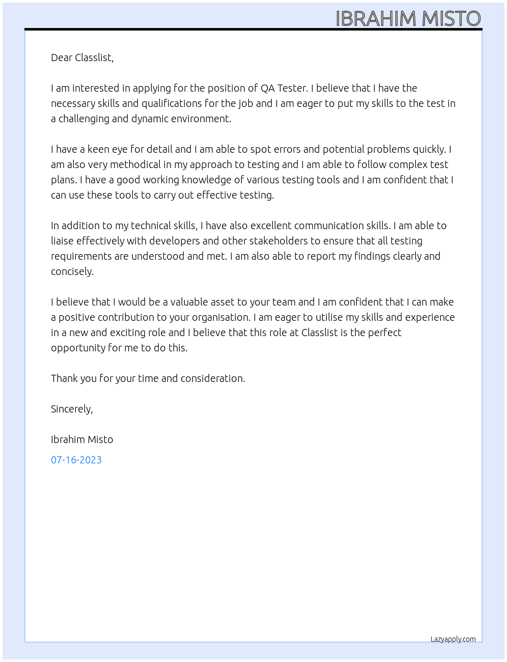 QA Tester At  Classlist Cover Letter