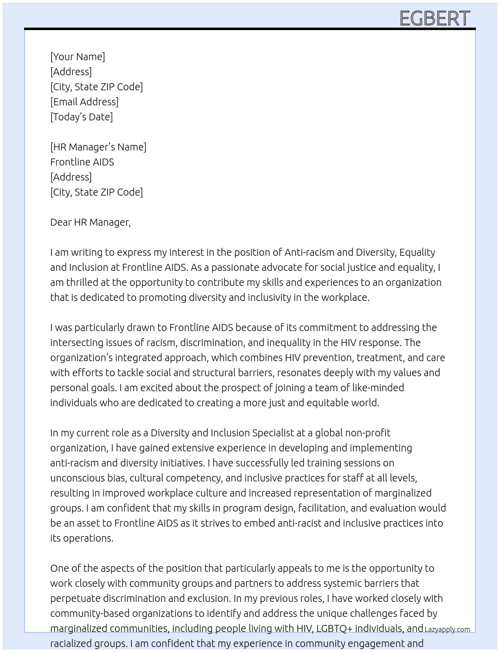 Anti-racism and Diversity, Equality and Inclusion At Frontline AIDS  Cover Letter