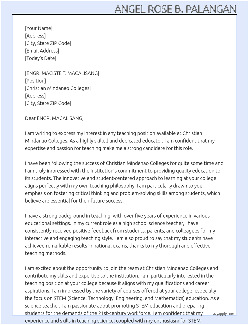 any teaching position At Christian Mindanao Colleges Cover Letter