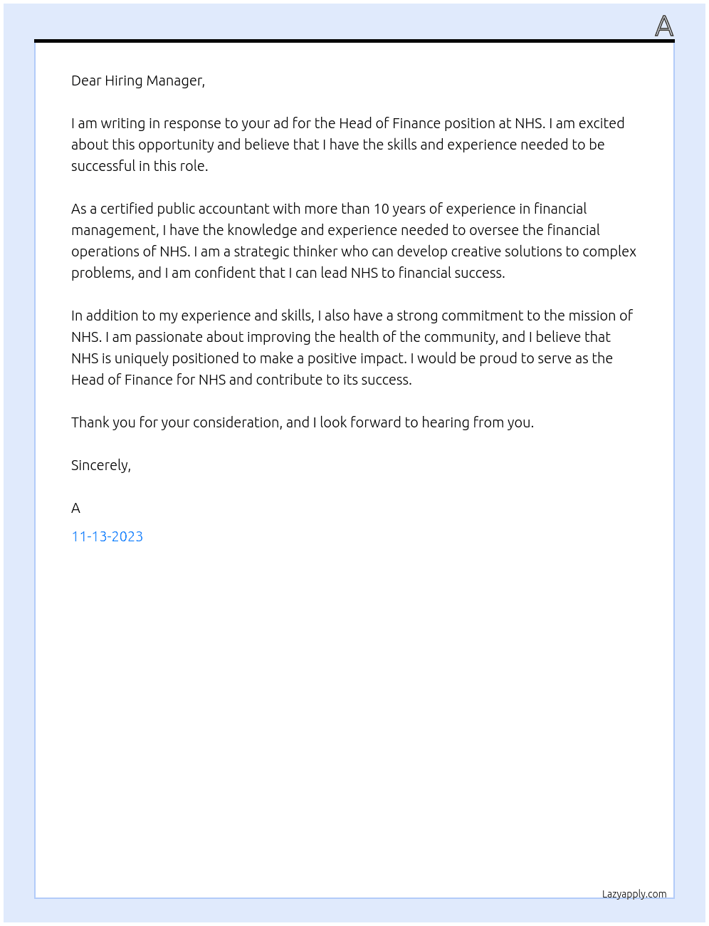 Head of Finance At NHS Cover Letter